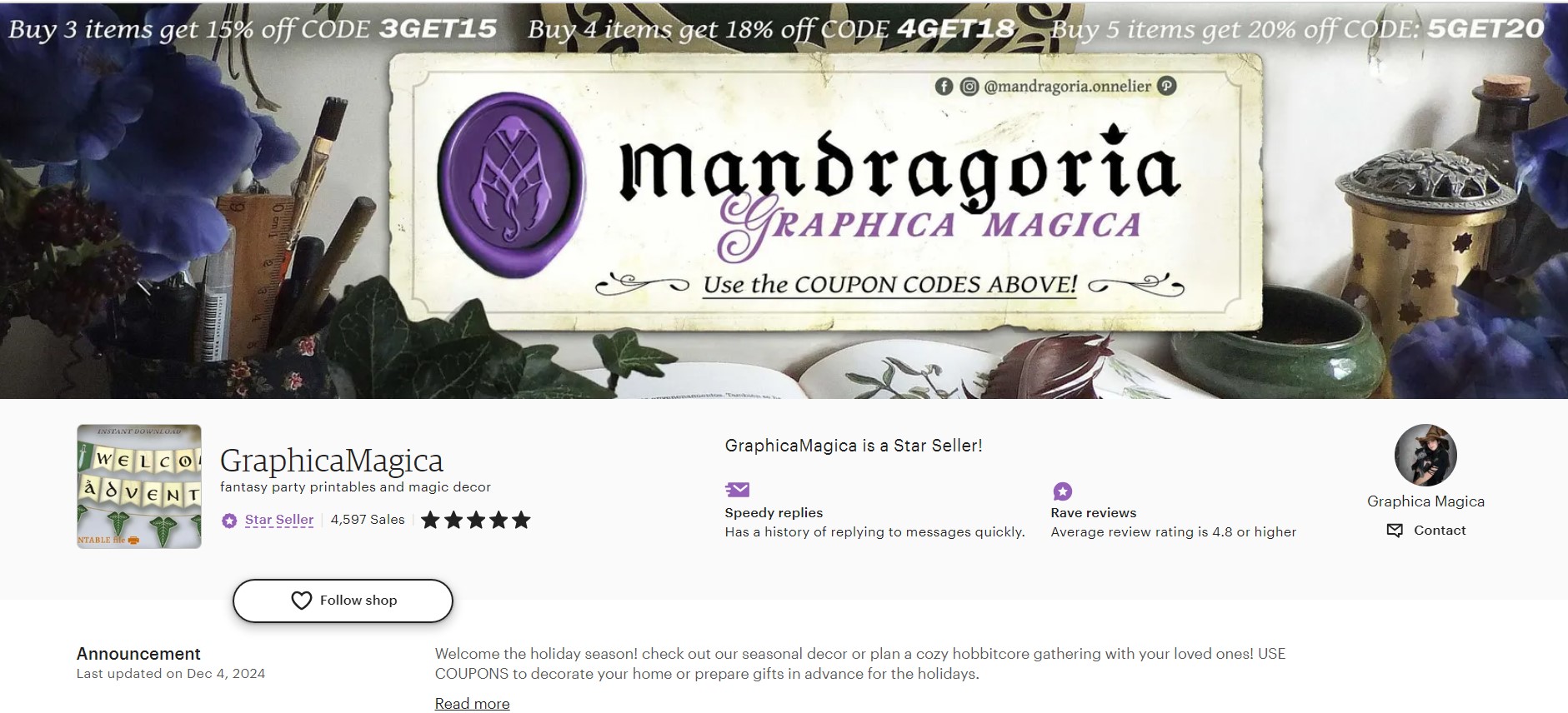 screenshot photo of GraphicaMagica store on Etsy website