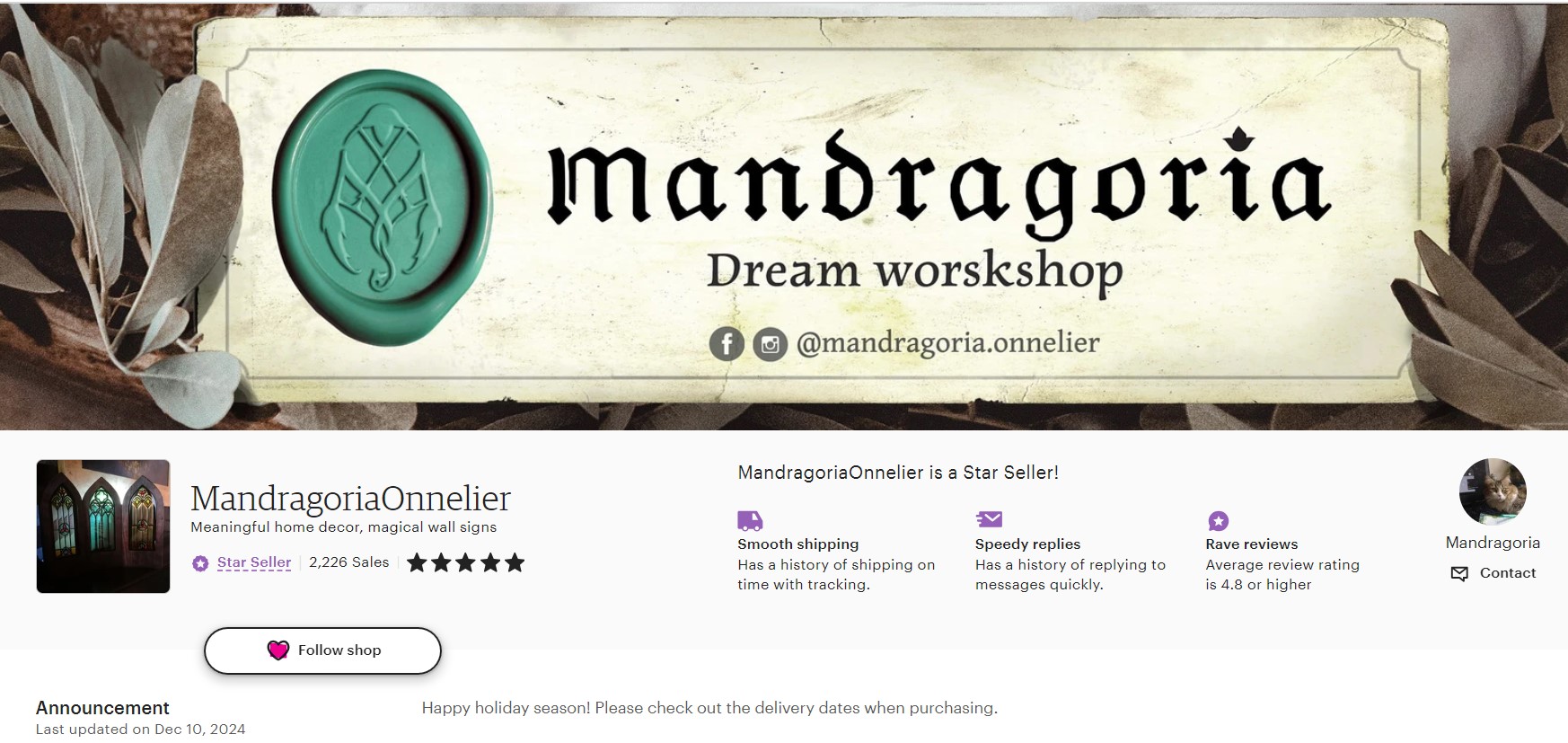 screenshot photo of Mandragoria Onnelier store on Etsy website